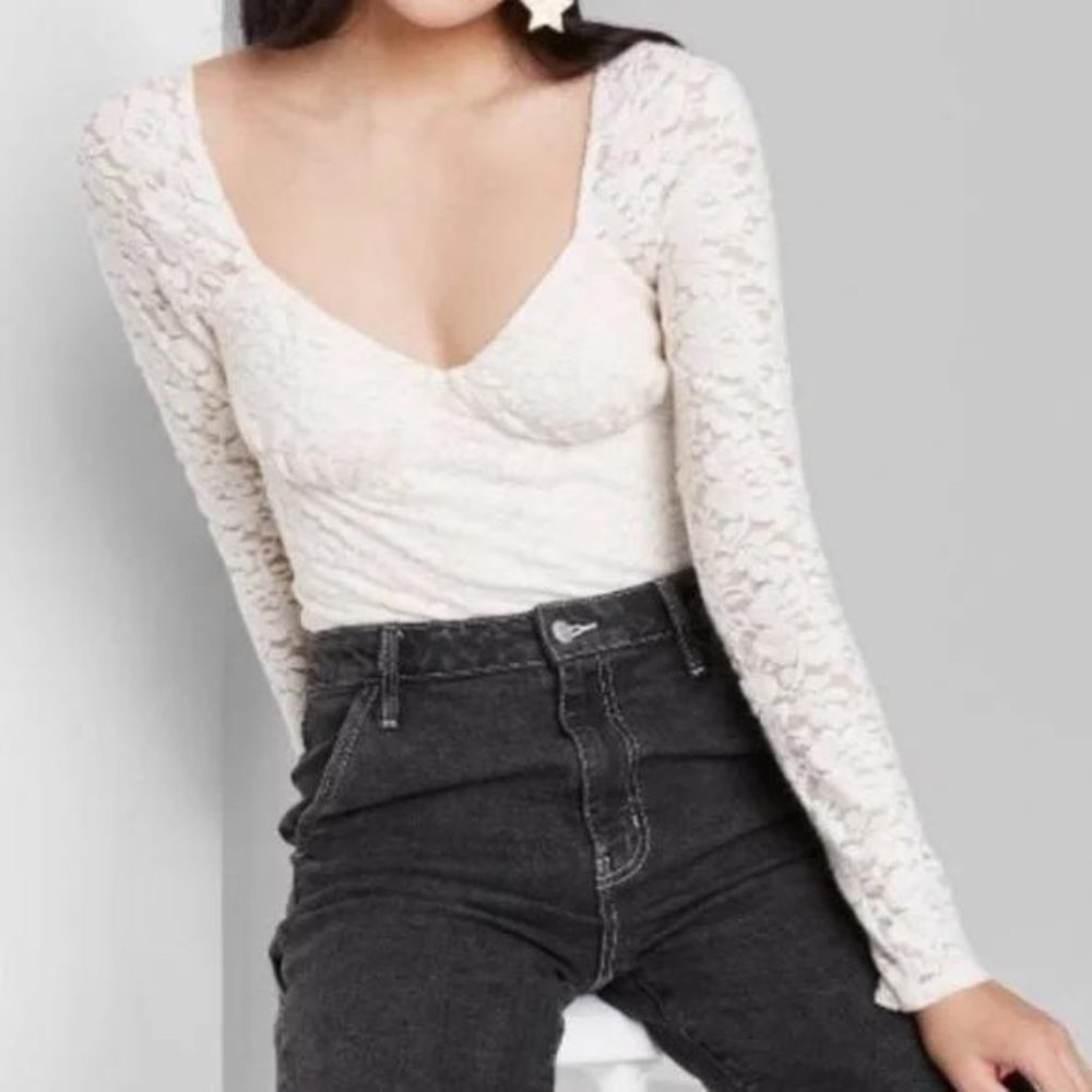 Wild Fable Soft Lace Long Sleeve Bodysuit Off White